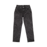 Black acid-wash denim jeans with a faded, mottled texture, shown flat against a solid white background.