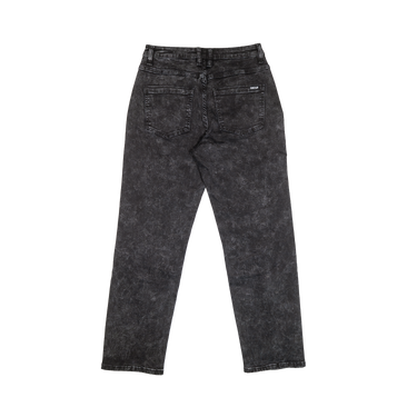 Back view of a pair of high-waisted, acid-wash black jeans with a subtle mottled texture, shown flat on a white background.
