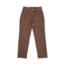 A pair of brown corduroy pants with a zippered pocket on the left leg, shown flat against a white background.