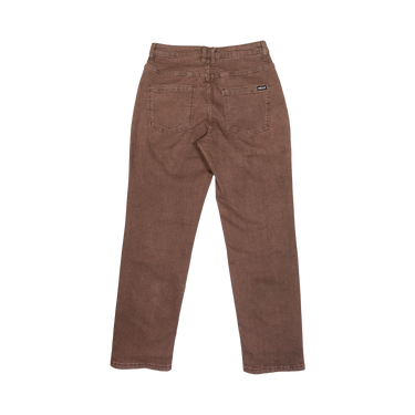 A pair of brown corduroy pants shown from the back, featuring a small black brand label on the right side pocket, set against a plain white background.