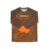 A long-sleeve athletic jersey in brown with an orange and yellow topographic contour line pattern, featuring the letters 'IMBA' across the chest and solid orange cuffs.