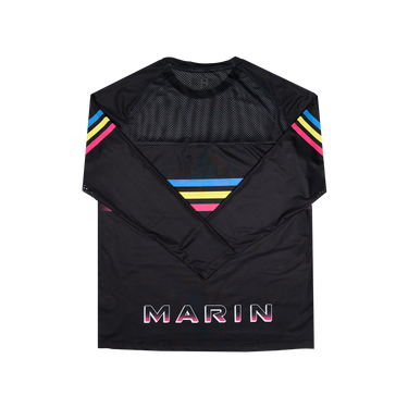 Black long-sleeve shirt with colorful stripes and 'MARIN' branding on a white background
