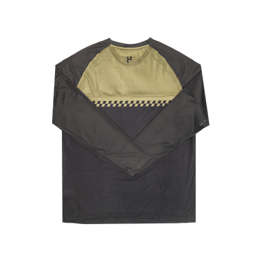 Black and beige long-sleeve shirt with mesh back on a white background