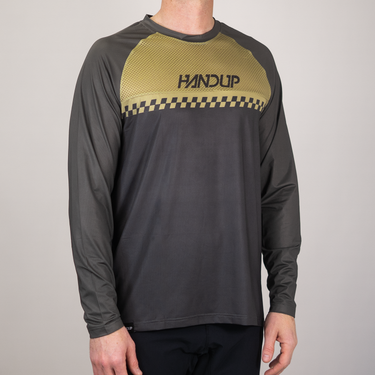 Long-sleeve shirt with 'Handup' logo on a gray background