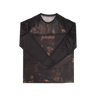 long sleeve mountain bike jersey with a black and tan tie dye design and 'HANDUP' logo