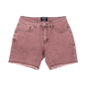 A pair of women's denim shorts in a dusty rose or mauve wash, featuring a frayed hem and a black brand label at the waistband.