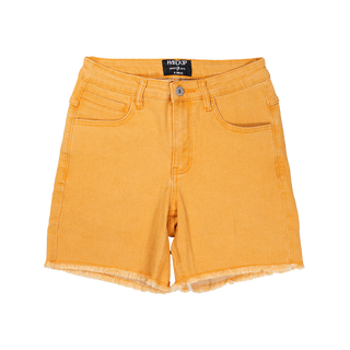 Orange denim shorts with a brand label on a white background