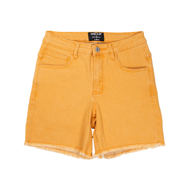 Orange denim shorts with a brand label on a white background