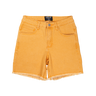 Orange denim shorts with a brand label on a white background