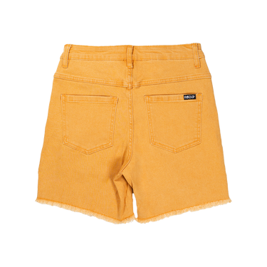 Yellow denim shorts with a brand label on a white background