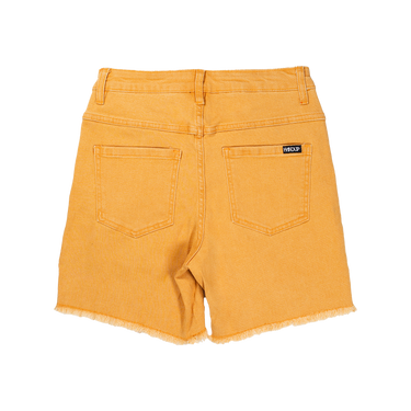 Yellow denim shorts with a brand label on a white background