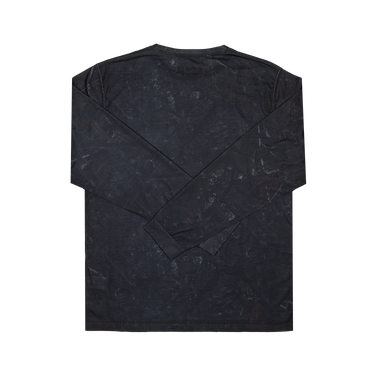 A black long-sleeve t-shirt with a distressed, marbled texture, shown flat against a solid white background.
