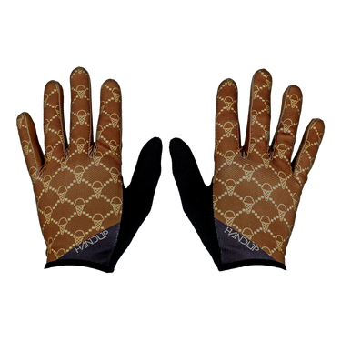 Pair of gloves with brown patterned palm and black cuffs on a white background