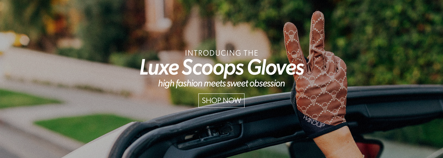 Hand wearing a brown textured glove making a peace sign, with text about Luxe Scoops Gloves.