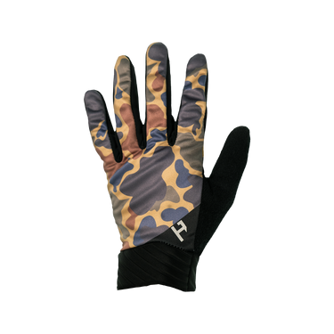 Camouflage-patterned glove with black accents on a white background