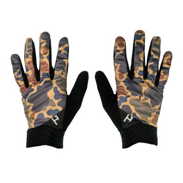 Pair of camouflage gloves with black accents on a white background