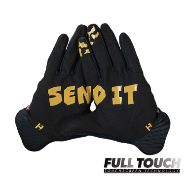 Black gloves with 'SEND IT' in gold on a white background, featuring Full Touch touchscreen technology.