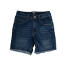 Blue denim shorts on a white background
