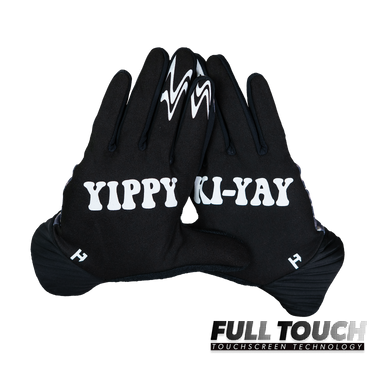 Black glove with 'YIPPY KI-YAY' text on a white background