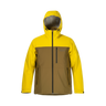 Two-tone yellow and brown jacket with a hood on a white background