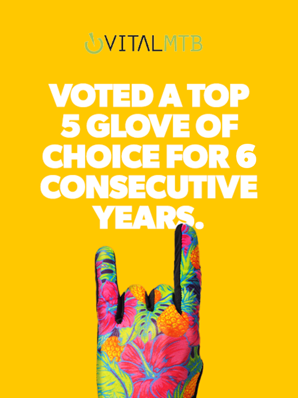 Colorful glove making a rock sign on a yellow background with 'Vital MTB' branding.