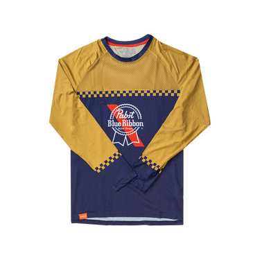Long-sleeve shirt with Pabst Blue Ribbon logo on a white background