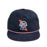 A navy blue 5-panel baseball cap featuring a red and white braided rope detail along the brim and a white embroidered 'Pabst Handup' logo on the front.