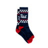 Navy blue sock with white checkered pattern and red accents on a white background