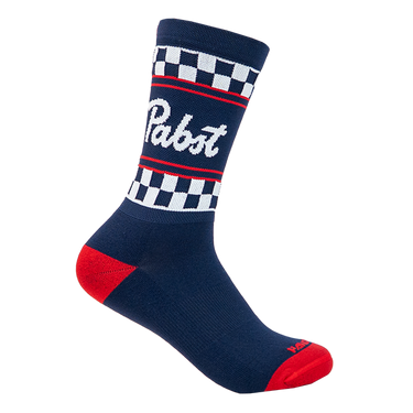 Navy blue sock with white checkered pattern and red accents on a white background