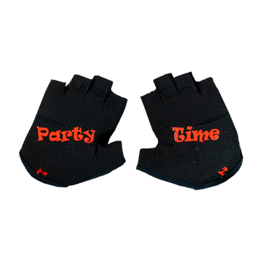 Black gloves with red 'Party Time' text on a white background