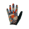 A pair of cycling gloves with a floral print and tiki design.
