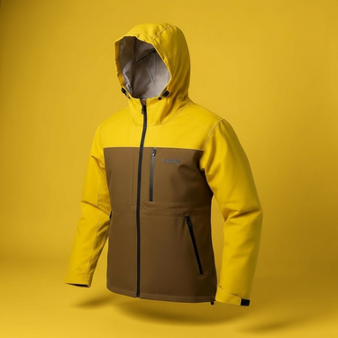 Two-tone yellow and brown jacket with a brand logo on a yellow background