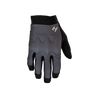 A pair of steel grey full-finger cycling gloves with a geometric pattern on the back and a logo on the wrist area.