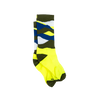 Colorful geometric-patterned sock on a white background