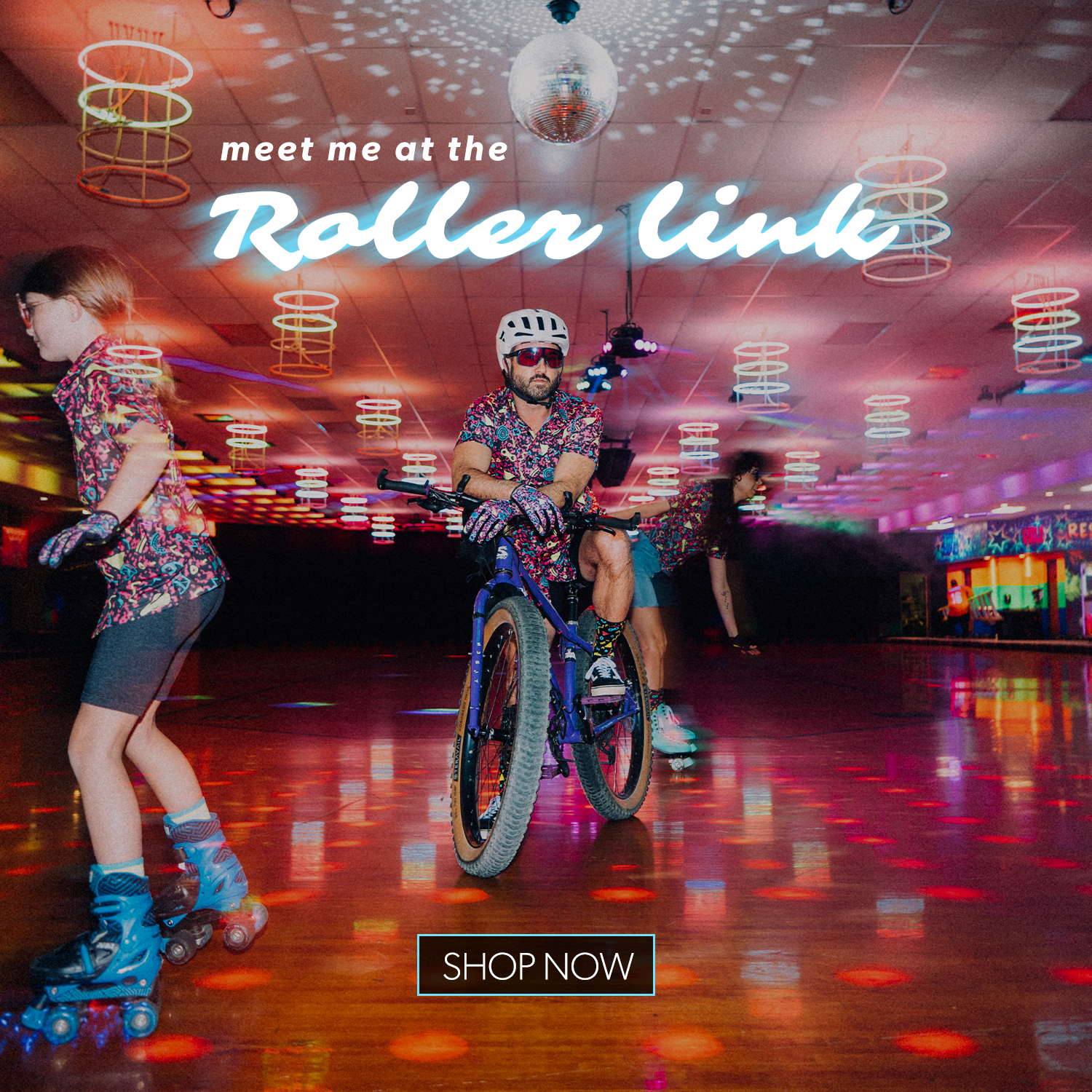 People rollerblading and cycling in a vibrant roller rink with neon lights and text overlay.
