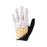 A pair of white bicycle gloves with a multicolored ice cream cone design and sprinkles.