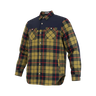 Plaid shirt with green, black, and red pattern on a white background