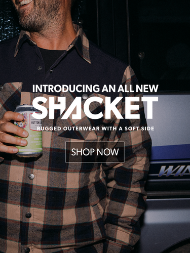 Man wearing a plaid shirt holding a can, with promotional text for 'Shacket' clothing.