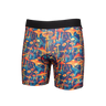 Colorful mushroom-patterned boxer briefs on a white background