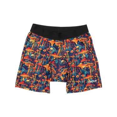 Colorful mushroom-patterned shorts with black waistband on a white background