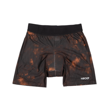 Black and orange patterned shorts with 'Handup' branding on a white background