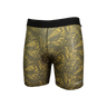 Black and yellow patterned athletic shorts on a white background
