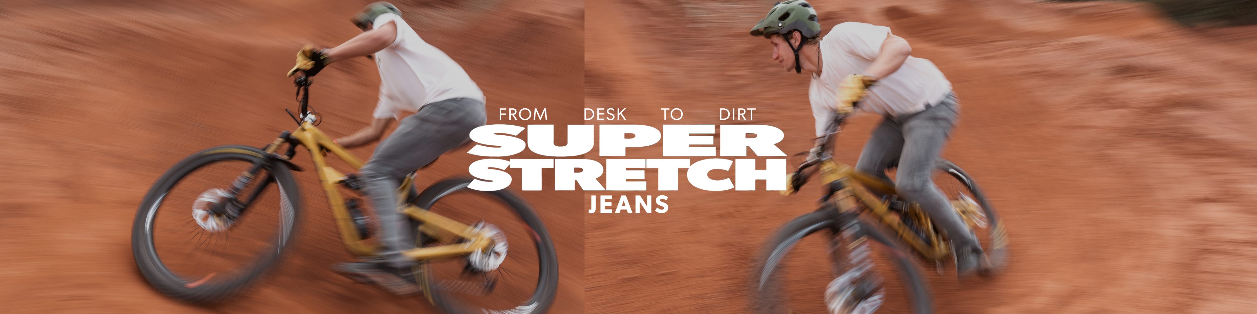Person riding a bike on a dirt path with 'Super Stretch Jeans' text overlay.