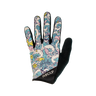 A multicolored pair of bicycle gloves with a wave pattern design