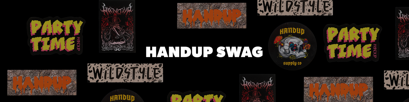 Collection of 'Handup Swag' branded items with various designs on a black background.