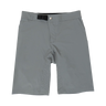 A pair of trail rambler mountain bike shorts in steel grey color with a stretch waistband, multiple pockets, and a self-locking buckle.