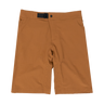 A pair of brown mountain bike shorts with a stretch waistband and multiple zip-pockets.