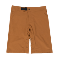 A pair of brown mountain bike shorts with a stretch waistband and multiple zip-pockets.