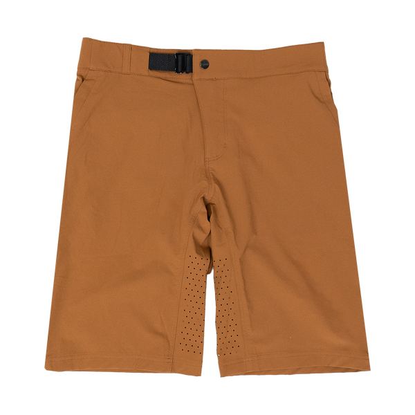 A pair of brown mountain bike shorts with a stretch waistband and multiple zip-pockets.