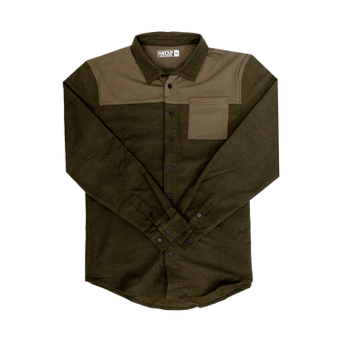 A solid olive colored Flannel Button Up shirt with a collar, long sleeves, and a front pocket.